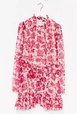 Nastygal Printed Pink Floral Ruffle Minidress Size UK 10 • £7