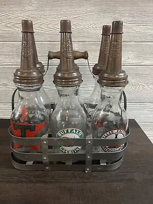 Vintage Glass Motor Oil Bottle Set Of 6 With Carrier Original • $269