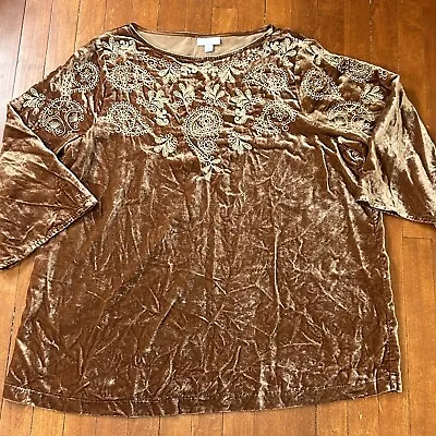 J. Jill Womens Large 3/4 Sleeve Brown Embroidered Velour Look Blouse BOHO • $17.59