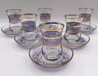 Vtg Turkish Tea Glasses Coffee Shot Cups & Saucers Hand Painted GOLD Trim Set 6 • $35