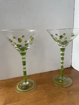 Martini Glasses Hand Painted With Green Olives Stripes Stems Set Of Two Stickers • $19.99