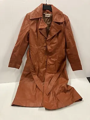 VTG 70s Caramel Brown Leather Long Trench Coat Jacket Belted Women (11/12) • $50