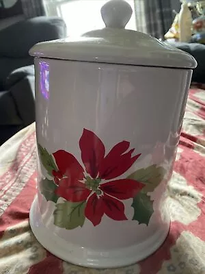 White Ceramic Cookie Jar Canister W/Red Poinsettias/leaves/berries Approx 7”T • $9