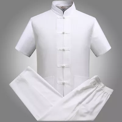 Mens Traditional Chinese Tang Suit T-shirt Shirt Outfit Kung Fu Wingchun Uniform • $36.96