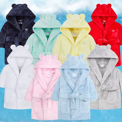 Baby Boys Girls Dressing Gown Plain Fleece Hooded Bathrobe Nightwear 0-4 Years • £10.99