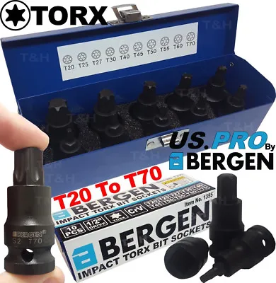 BERGEN IMPACT TORX BIT Sockets Set 1/2  Drive Impact TX Star Sockets T20 To T70 • £19.95