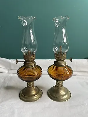 Pair Vtg Miniature Amber Glass Beehive Oil Lamp Base Metal Hong Kong 9  W/ Shade • $15