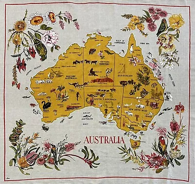 Vintage ROSS Australia Map Tablecloth Printed Souvenir Cotton Linen 45” X 49” • $18.04