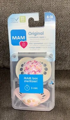 MAM Original 2-Pk Pink & White BPA Free Pacifiers W/Sterilizing Case{6-16Mos.} • $12.99