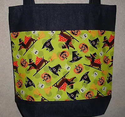 NEW Handmade Large Halloween Dachshund Green Bkgd Denim Tote Bag • $21.99