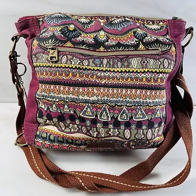 SAKROOTS Crossbody Purse Purple Abstract Design Boho Retro Elephant Keychain • $19.95