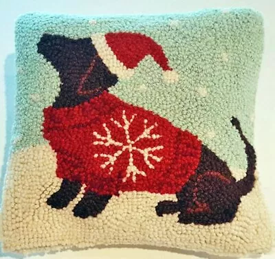 Peking Handicraft New Christmas Red Dachshund Dog Hooked Wool Pillow 10 X 10 • $28.88