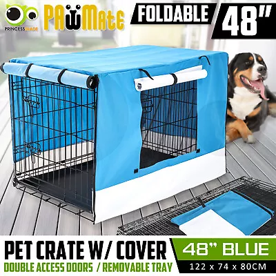 48in Dog Cage Pet Wire Crate Puppy Cat Foldable Metal Kennel Portable Tray Cover • $126.90