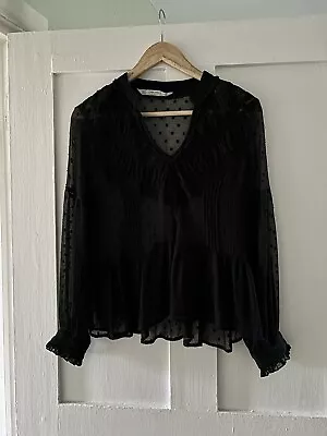 Zara Black Lace Blouse Peplum Top - Long Sleeve - Medium • £4.99