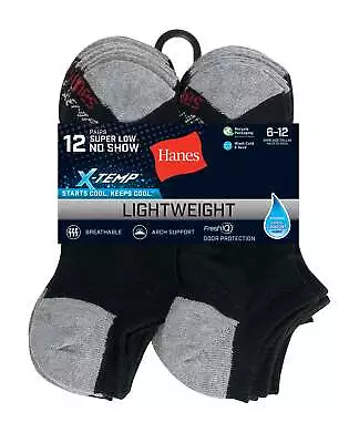 No Show Socks 12-Pack Hanes Super Low Mens FreshIQ X-Temp Black Or White Sz 6-12 • $17.64