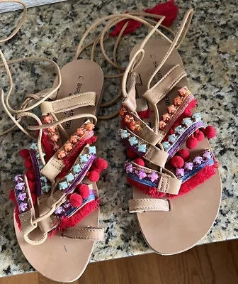 Barbara Barbieri Leather Boho Sandals Suze 7.5 Beaded Made In Italy • $24