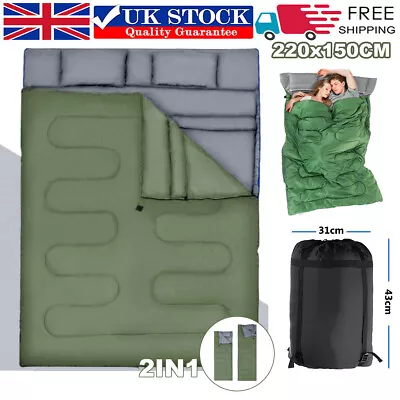 2in1 Double Sleeping Bag Extra Large Waterproof Carrying Bag Camping & 2 Pillow • £14.99