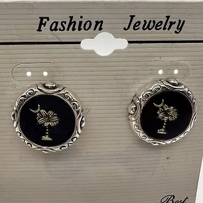 Vintage Palm Tree & Moon Earrings Signed Best Clip On Silver Tone Dark Blue • $9.90