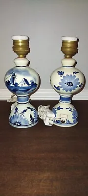 Vintage Delft Mini Lamps With Painted Windmill Set Of 2 8 1/2  Tall • $54.99