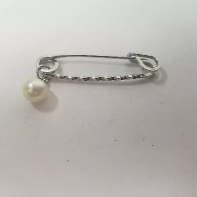 Vintage Silver Tone Faux Pearl Dangle Charm Safety Pin Brooch • $14.99