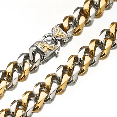 Punk Men's Gold Tone/Black Stainless Steel Cuban Link Chain Necklace 12/15mm • $26.59