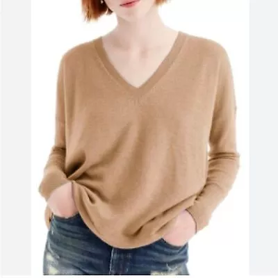 J. Crew 100% Cashmere Oversized Boyfriend V Neck Pullover Tan Sweater Womens S • $45