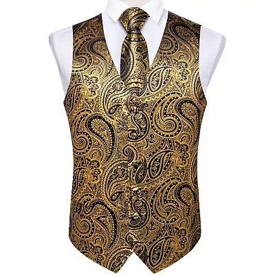 DiBanGu Men's Gold Smooth Paisley Design Dress Vest And NeckTie Hankie For Suit • $24.99