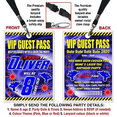 LASER TAG / QUEST PARTY LANYARD VIP PASS Birthday Invitation Blue Red Or Pink • £1.95