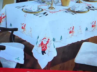 Vintage Christmas Tablecloth 52x70  Embroidered Cut Work Santa  Unused Was $100 • $18.75