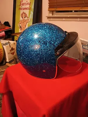 Vintage Blue Metal Flake Motorcycle Helmet Medium Retro 🔥 • $65