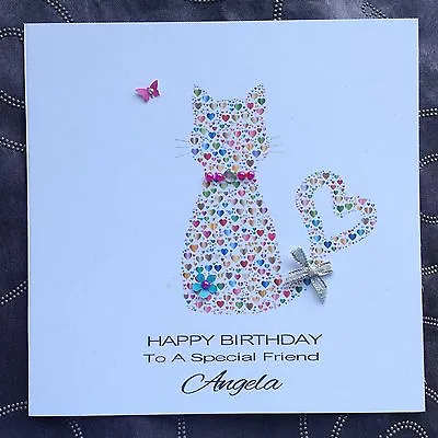 PERSONALISED Handmade Card BIRTHDAY Friend Sister Daughter Mum Gran HEART CAT  • £3.75