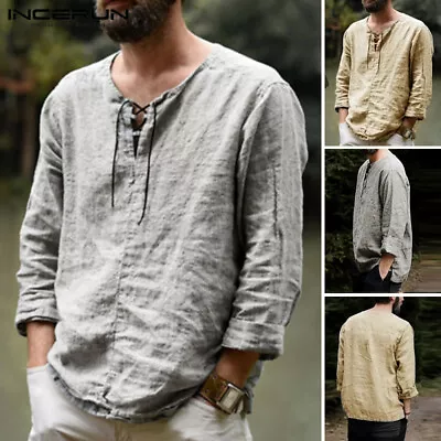 Mens Hippy Shirt Baggy Long Sleeve V-neck T Shirt Linen Tee Gym Yoga Tops Blouse • $22.75