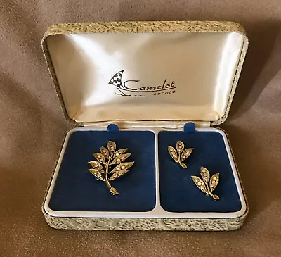 Estate Vintage CAMELOT Gold Tone AB Brooch/ PIN & CLIP Earrings Set With Case • $24.99