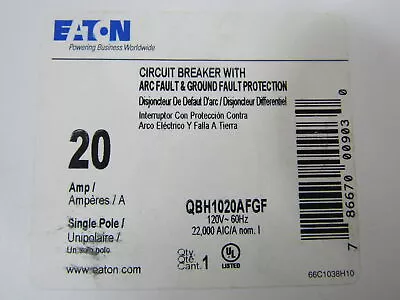Eaton NSB QBH1020AFGF Miniature Circuit Breakers (MCBs) QBH 1P 20A 240V 50/60Hz • $240.57