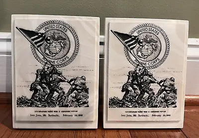 2 White Marble Iwo Jima USMC Marine Corps Engraved Bookend Set Pair Bookends • $99.95