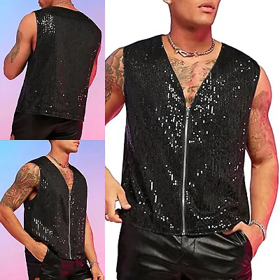 Men Vest Dance Waistcoat Retro Costume Sequins Jacket 70s Clubwear Shiny V Neck • $7.43