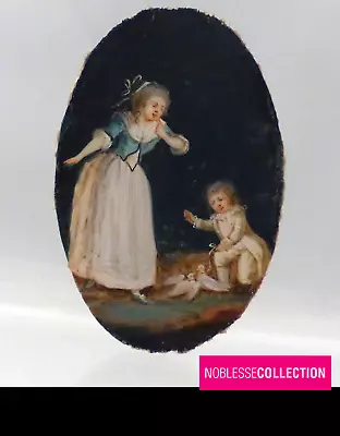 ANTIQUE 1780s FRENCH MINIATURE HAND PAINTED GOUACHE MOTHER & CHILD PORTRAIT • $360