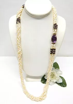 14k Yellow Gold Multi Strand Freshwater Pearl & Amethyst Gemstone Necklace 30  • $249