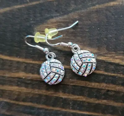 Volleyball Earrings Clear Crystal Silver Plated Wire Hook Volleyballs • $5.25