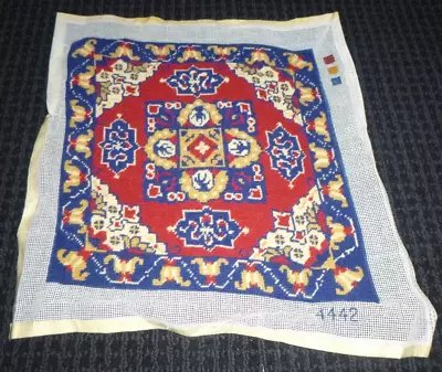 Vtg Completed Needlepoint Picture Blue Red Tan Medallions 13x13  • $16