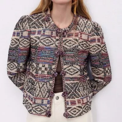 NWOT Zara Multicolor Ethnic Knit Pom Pom Details Jacket In Multicolor Large • $99