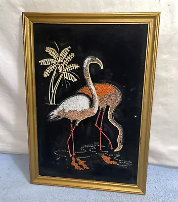 Vintage MCM 20x14 FLAMINGO & PALM TREE Gravel Glass MOSAIC Chip Velvet WALL ART • $39.99