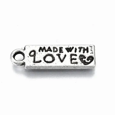 10 Made With Love Rectangle Charms - Antique Silver Tone - 18mm X 5mm - P00811 • £2.89