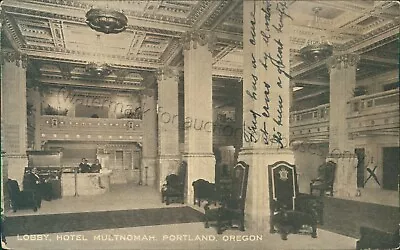 Portland Oregon - Historic Hotel Multnomah Lobby Interior - Vintage OR Postcard • $19.79