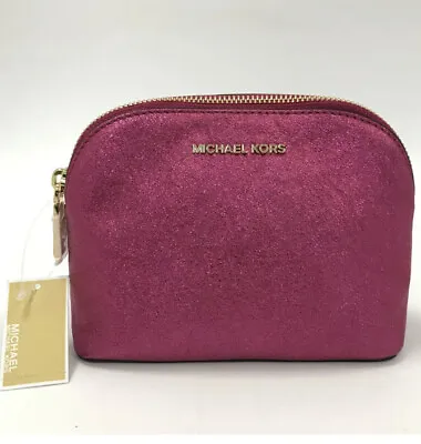 New Michael Kors Make Up Cosmetics Travel Pouch Bag Metallic Pink Leather • £64.50