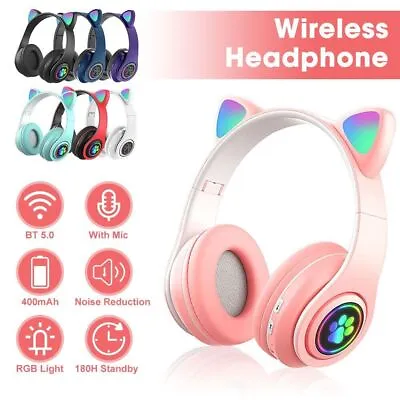 $16.99 • Buy Kids Girls Wireless Cat Ear Headphones Bluetooth Headset LED Earphone Gifts