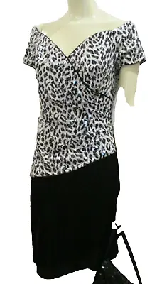Vintage Fringed Cocktail Dress Sz 8 Black White Leopard Sequins • $14.99