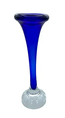 Vintage Murano Style Art Glass Bullicante Cobalt Blue To Clear Trumpet Vase • $23.50
