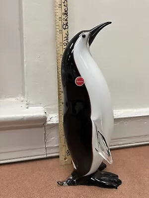 Vintage 11.5 Inch  Murano Glass Penguin Figurine Black White Clear Glass.  • $225