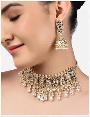 Indian Bollywood Gold Plated Kundan Choker Bridal Necklace Earrings Jewelry Set • $42.45